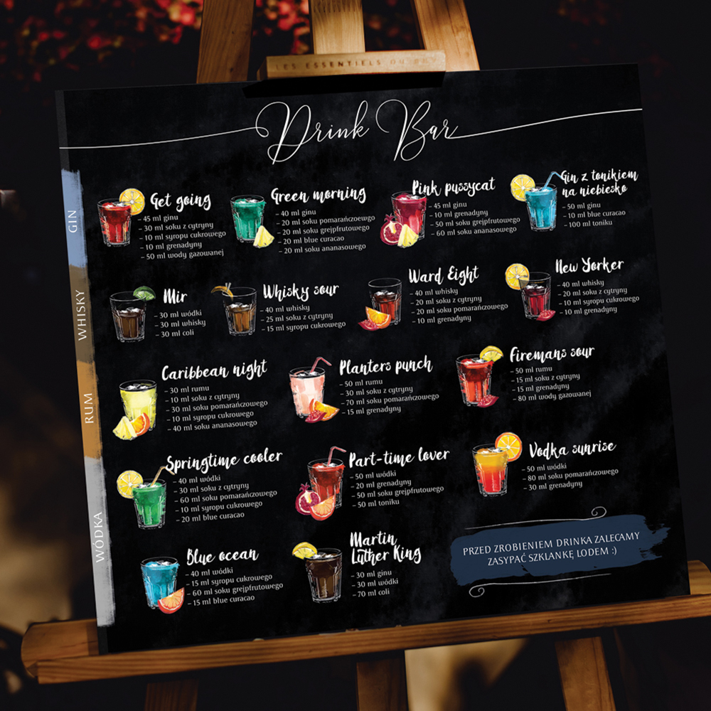 Dodatek ślubny Menu do samoobsługowego Drink Baru